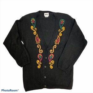 VINTAGE LESLIE Fay Black Grandmacore Embroidered Cardigan S